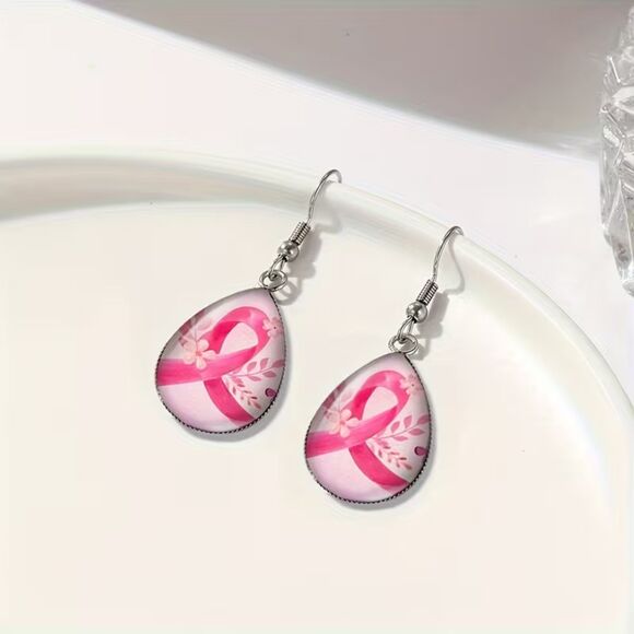 Handmade Breast Cancer Pink Ribbon Drop Earrings Teardrop Dangle Glass Lightwght - Picture 2 of 3